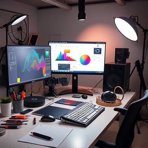 Image d'un poste de travail de graphiste avec des outils de conception et une palette de couleurs.