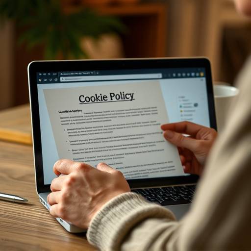 Image d'une personne lisant une politique de cookies sur un ordinateur portable, avec une tasse de café à côté, illustrant la lecture attentive des politiques de confidentialité.