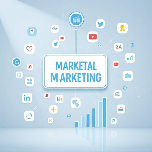 Image repr√©sentant une strat√©gie de marketing digital, avec des ic√¥nes de m√©dias sociaux et des graphiques.